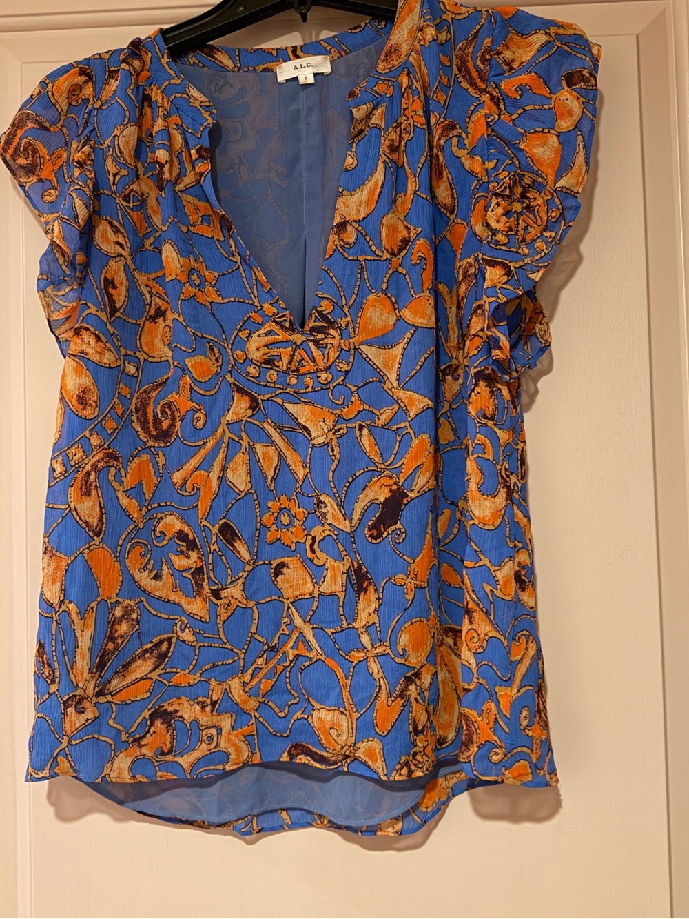 A.L.C. Blue and Orange Floral-Print Flutter Sleeve Blouse